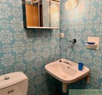 A bathroom with blue tiles, a sink, and a mirror on the wall.