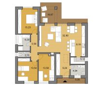 Floor plan of a family house with a wooden decor floor, open living room, and terrace.