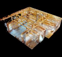 3D visualization of the roof structure of a family house with a truss and a floor with a wooden decor.