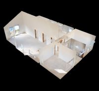 Floor plan of a family house with multiple rooms and large windows, flooring with wood decor.