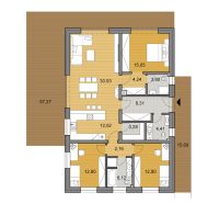 Floor plan of a single-story family house with a spacious terrace and flooring with a wooden decor.