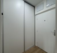 Entrance hallway of a one-room apartment with white sliding doors and a wooden decor floor.