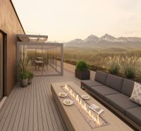 Outdoor terrace of a 4-room apartment on Suchoňova Street in Poprad with a view of the mountains.
