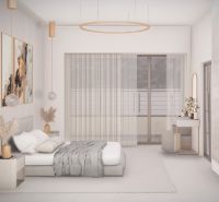 Bright room with curtains, a bed, and a dressing table in a 4-room apartment.