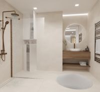 A bathroom in a 4-room apartment with an open shower and a large circular mirror.