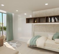 A room in a 4-room apartment with a bed, sliding wardrobes, and an impressive floor with a wooden decor.