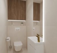A bathroom in a 4-room apartment with white sanitary ware and wooden decor on the cabinets.