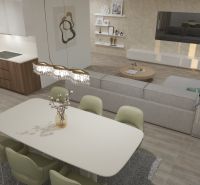 Interior of a 4-room apartment with a kitchen, dining table, gray sofa, and floor with wood decor.