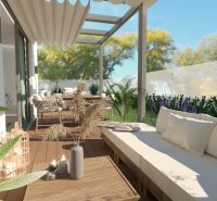 Terrace of a 4-room apartment with comfortable seating, wooden decor flooring, greenery, and decorations.