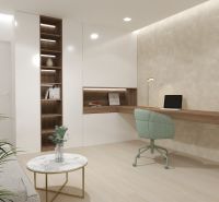 A bright study in a 4-room apartment with shelves, a desk, and a wooden decor floor.