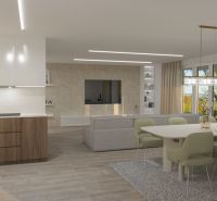 Living room of a 4-room apartment with a wooden decor floor, dining table, and sofa.