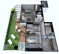 Visualization of a 4-room apartment with a garden and wooden decor flooring.