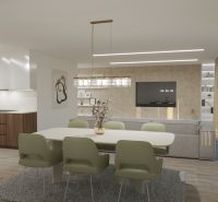 Interior of a 4-room apartment with a kitchen, dining room, and living room, floor with wooden decor.