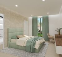 A bedroom with light curtains, a carpet, and a bed in a 4-room apartment.