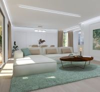Living room in a 4-room apartment with a comfortable sofa set and a wooden decor floor.