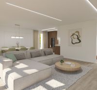 Living room in a 4-room apartment with a large sofa, coffee table, and floor with a wooden decor.