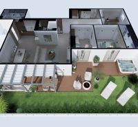 Visualization of a 4-room apartment with a terrace, sun loungers, a hot tub, and a green garden.