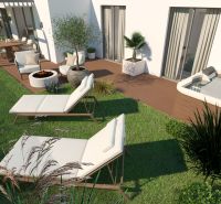 Terrace with loungers, hot tub, and wood-decor flooring in a 4-room apartment.