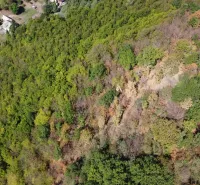Aerial view of forest land in Župkov surrounded by rural landscape and houses.