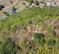 Aerial view of agricultural and forest lands in Župkov with visible buildings.