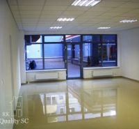 Spacious offices with large windows and glossy wooden-patterned flooring.