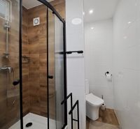 A bathroom with a shower and a floor with a wooden decor in a 3-room apartment.