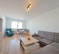 Living room in a three-room apartment with a wooden decor floor and a comfortable couch.
