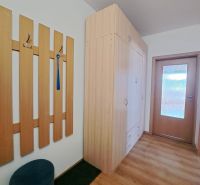 Hallway with a coat rack, wardrobe, and floor with wooden decor in a 3-room apartment.