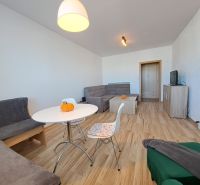 Living room of a three-room apartment with a wooden decor floor, light furniture, and sofas.