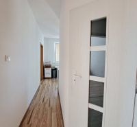 A hallway with light walls and a wooden decor floor in a 3-room apartment.