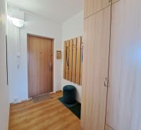 Entrance hallway with wood-patterned flooring, coat hooks, and a wardrobe in a 3-room apartment.