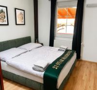 Bedroom with a double bed, wooden decor flooring, wall decorations.