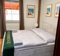Bright bedroom in a family house with a large bed and wood-patterned flooring.