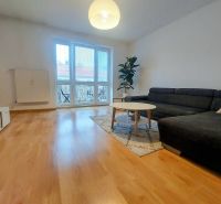 Living room with wood-patterned flooring, a sofa, and a coffee table in a two-room apartment.