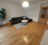 Living room with a sofa, table, and wooden decor flooring in a 2-room apartment.