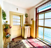 The interior of a family house with plants, an oriental rug, and a large window.