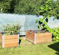 The garden at the cottage in Lutila with raised beds and greenery.