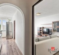A hallway with a mirror and a view into the bedroom, wooden decor flooring in a 2-room apartment.