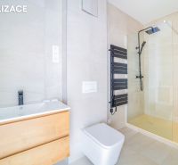 A bathroom in a holiday apartment with a dark radiator and a shower.