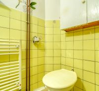 A bathroom in a family house with light yellow tiles and a floor with a wooden decor.