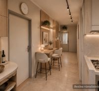 A kitchen in a 3-room apartment with a bar counter, plants, and designer lighting.