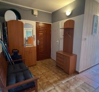 Entrance hallway in a 3-room apartment with wardrobes and seating, floor with wood decor.