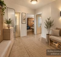A hallway of a 3-room apartment with a bench, a coat rack, and potted plants.