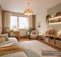 Children's room with a large window, bed, and wooden decor in a 3-room apartment.