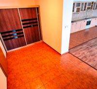 A kitchen in a 3-room apartment with a wooden decor floor and a built-in closet.