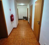 A hallway with lights and tiles, multiple doors in a 3-room apartment.