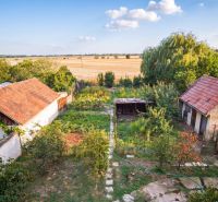 The garden of a family house in Dvory nad Žitavou with a shelter and a view of the fields.