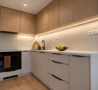 A kitchen in a 3-room apartment with wooden decor, minimalist cabinets, and recessed lighting.