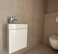 Toilet and sink with walls in neutral shades in a family house.
