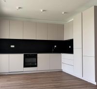 A kitchen in a family house with white cabinets and a wood-patterned floor.